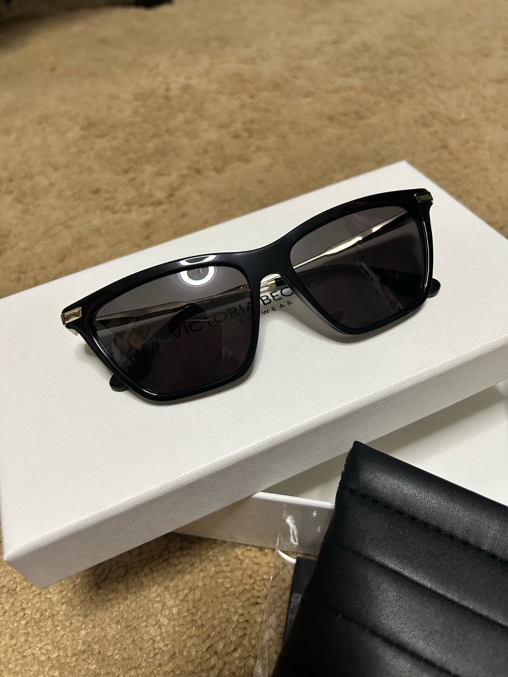 Victoria Beckham Glossy Black Cat-Eye Sunglasses with Gold Accents VB663S 001